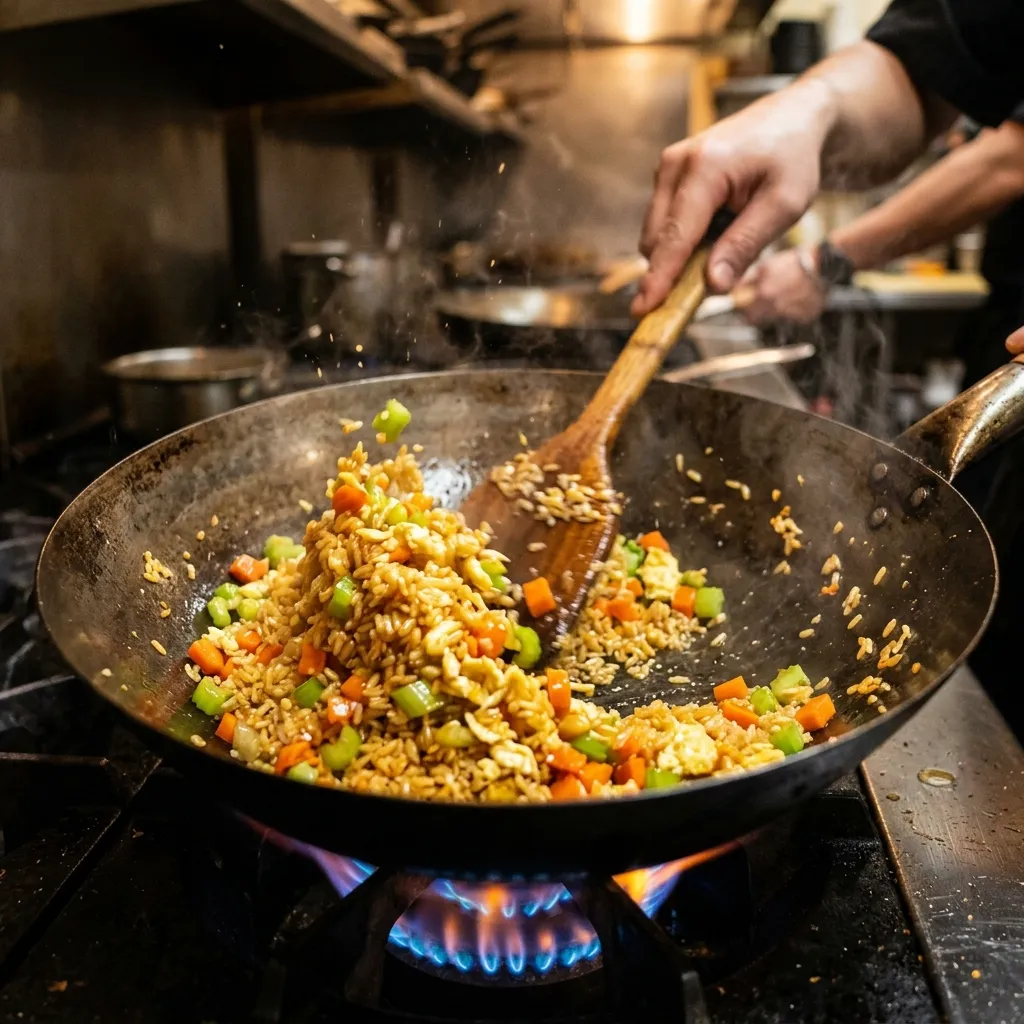 Eierreis Zubereitung im Wok mit Gemüse und Eigelb